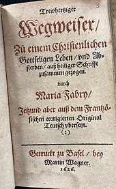 Titelblatt der deutschen Übersetzung aus dem Jahr 1626 von Maria Fabry.