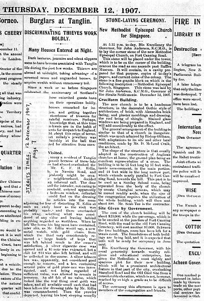 Page 7 in The Straits Times on 12 December 1907 entitled "Stone-Laying Ceremony: New Methodist Episcopal Church for Singapore", about the construction