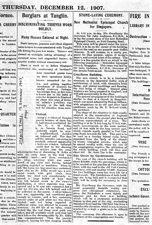 Page 7 in The Straits Times on 12 December 1907 entitled "Stone-Laying Ceremony: New Methodist Episcopal Church for Singapore", about the construction