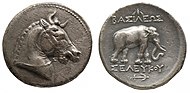 Tetradrachm of Seleucus I – the horned horse, the elephant and the anchor all served as symbols of the Seleucid monarchy.[1][2] of Seleucid Empire