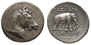 Tetradrachm of Seleucus I – the horned horse, the elephant and the anchor all served as symbols of the Seleucid monarchy.[1][2] of Seleucid Empire