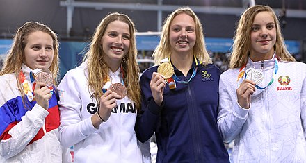 The medalists 2018-10-10 Swimming Girls' 50m Butterfly Final at 2018 Summer Youth Olympics by Sandro Halank-022.jpg