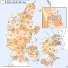 Postcode areas of Denmark indicated by the first two postcode digits. The map does not show Bornholm (37xx) 2 digit postcode danmark.png