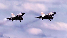 2 F-106s taking off, Wurtsmith AFB 2d Fighter-Interceptor Squadron 2 F-106 takeoff.jpg