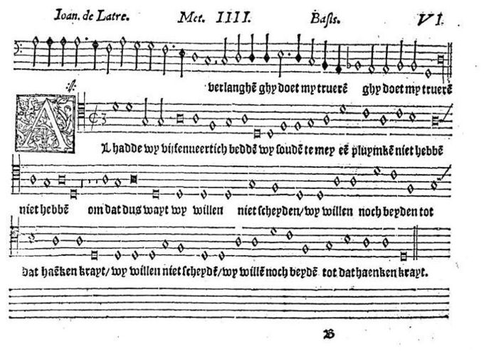 A Flemish chanson by Petit Jean De Latre, taken from the anthology Dat ierste boeck vanden Niewe Duytsche Liedekens published by Jacob Baethen (Maastricht, 1554) 45 bedden Petit Jean De Latre.jpg
