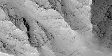 Close view of layers in Louros Valles, as seen by HiRISE under HiWish program. Note this is an enlargement of a previous image.