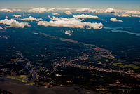 Kingston, New York with the Rondout Creek feeding into the Hudson River in the foreground and the Ashokan Reservoir in the distance