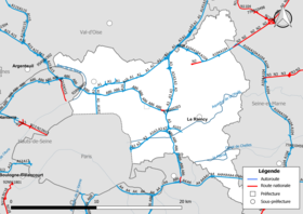 Kort over det nationale vejnet (motorveje og nationale veje) i Seine-Saint-Denis-afdelingen