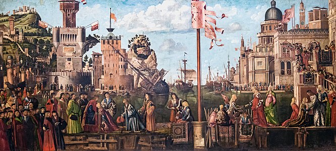 La Rencontre des fiancés et le départ en pèlerinage, d’après l’Histoire de sainte Ursule, 280 × 611 cm, vers 1495, huile sur toile, Gallerie dell'Accademia de Venise.