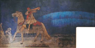 Kullervon sotaanlähtö, Gallen-Kallelan fresko Vanha ylioppilastalossa, 1901