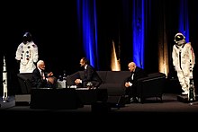 Space pioneers Buzz Aldrin and Alexei Leonov at the Swiss Tech Convention Centre in 2015. Aldrin and Leonov.jpg