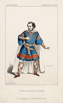 Dessin d'Alexandre Lacauchie représentant Gilbert Duprez interprétant le rôle de Gaston de Béarn dans Jérusalem de Verdi, à l'opéra Le Peletier à Paris en 1847. (définition réelle 2 475 × 4 068)