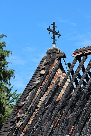 West end gable of All Saints Church, Fleet after the fire of 22 June 2015