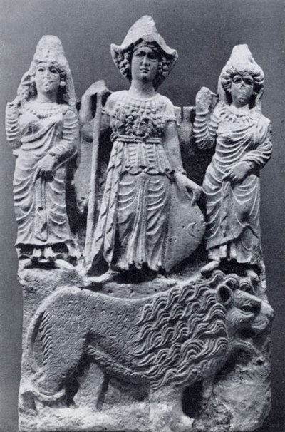 2nd century AD relief from Hatra depicting the goddess al-Lat flanked by two female figures, possibly goddesses al-Uzza and Manat