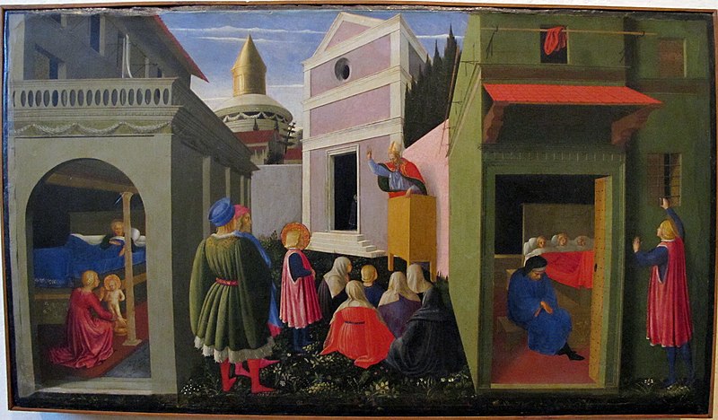 File:Angelico, storie di s. nicola, nascita, vocazione e dono alle 3 fanciulle, 1437 o 1447, 01.JPG