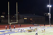 Goal post at one end of a college football field Angelo State vs. Texas A&M-Commerce football 2015 22 (A&M-Commerce field goal).jpg