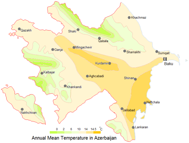 نقشهٔ میانگین دمای سالانه در جمهوری آذربایجان، شامل موقعیت شهرهای مهم