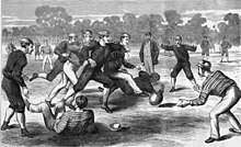 Melbourne playing in Yarra Park at the start of the 1874 season Australian Football Yarra Park 1874.jpg