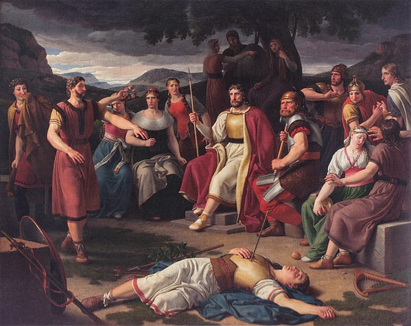 Æsir gathered around the body of Baldr. Painting by Christoffer Wilhelm Eckersberg 1817