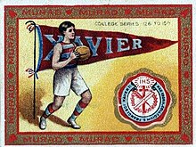 One of the first Basketball cards issued in 1910 by Murad Cigarettes, featuring Xavier College Basketball card murad 1910.jpg