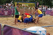 Deutsch: Beachhandball bei den Olympischen Jugendspielen 2018; Tag 7, 13. Oktober 2018; Jungen, Finale – Portugal-Spanien 1:2 English: Beach handball at the 2018 Summer Youth Olympics at 13 October 2018 – Boys Gold Medal Match – Portugal-Spain 1:2