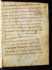 Bern, Burgerbibliothek, Cod. 611, f. 73v: two of the Bern Riddles (De sale, salt, and De mensa, table), from the manuscript that gives the collection its name. Bern, Burgerbibliothek, Cod. 611, f. 73r - Composite manuscript Merovingian excerpts from grammatical, patristic, computistic and medical works.jpg