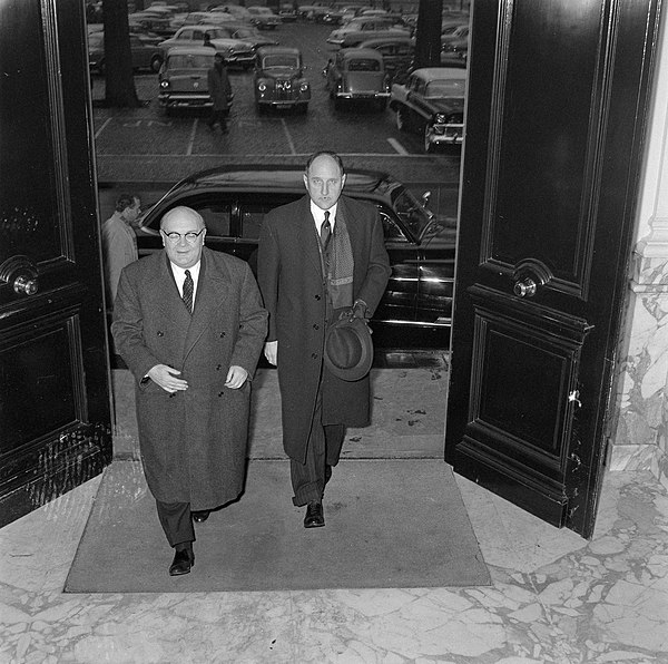 Secretary General of NATO Paul-Henri Spaak and Minister of Foreign Affairs Joseph Luns at the Binnenhof on 2 February 1957