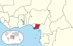 The Republic of Biafra in red, bordered by its puppet state of the Republic of Benin to the west
