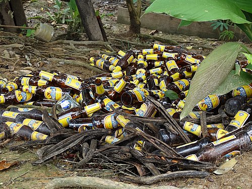 A stacking of beer bottles at Puerto Nariño, Colombia.