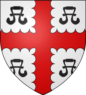 Canting arms of Bourchier: Argent, a cross engrailed gules between four water bougets sable Bourchier.svg