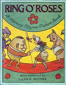 The cover of L. Leslie Brooke's Ring O' Roses (1922) shows nursery rhyme characters performing the game BrookeRingO'Roses.jpg