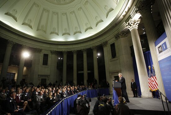 President Bush addresses a meeting of the Manhattan Institute at Federal Hall National Memorial on November 13, 2008.