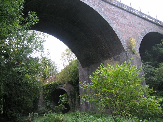 East-west beneath north-south: the Camerton branch viaduct (left) is dwarfed by the Somerset and Dorset Joint Railway viaduct at Midford