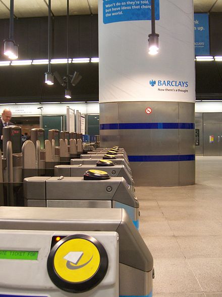 Oyster card readers on London Underground ticket barriers at Canary Wharf.