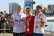 Deutsch: Kanusport bei den Olympischen Jugendspielen 2018; Tag 10, 16. Oktober 2018; Siegerehrung Mädchen Einer-Canadier-Slalom: Doriane Delassus (Frankreich, Gold) - Zola Lewandowski (Deutschland, Silber) - Emanuela Luknárová (Slowakei, Bronze) English: Canoeing at the 2018 Summer Youth Olympics at 16 October 2018 – Girls' C1 slalom Gold Medal Race: Doriane Delassus (France, gold) - Zola Lewandowski (Germany, silver) - Emanuela Luknárová (Slovakia, bronze)