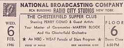 Chesterfield Supper Club radio audience ticket, February 6, 1946. Chesterfield supper club ticket 1946.JPG