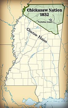 Chickasaw Nation Territory in 1832. The remaining Mississippi lands ceded in the Treaty of Pontotoc Creek. Chickasaw Tribe Mississippi 1832.jpg