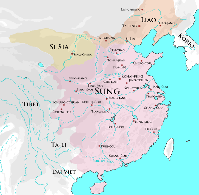 Mapa ukazující rozsah říší Sung, Liao a Si Sia. Říše Sung zahrnuje vlastní Čínu, to jest východní polovinu dnešní Čínské lidové republiky bez vnitřního Mongolska a Mandžuska. Mandžusko a přilehlé části vnitřního Mongolska náleží říši Liao, říše Si Sia leží západně od říše Ťin v Ordosu a Kan-su.