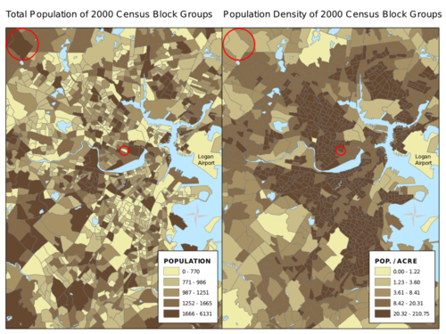 Normalization:the map on the left uses total population to determine color. This causes larger polygons to appear to be more urbanized than the smaller dense urban areas of Boston, Massachusetts.   The map on the right uses population density. A properly normalized map will show variables independent of the size of the polygons.