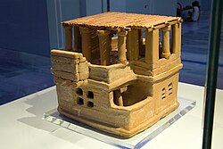 Restored model of a Minoan house found in Archanes Clay house model from Archanes, 1700 BC, AMH, 19410, 145004.jpg