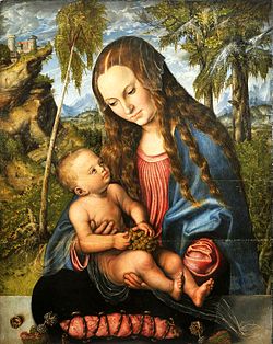 The Blessed Virgin Mary depicted as mother, holding the Child Jesus. Archdiocesan Museum, Wroclaw. Cranach Madonna under the fir tree.jpg