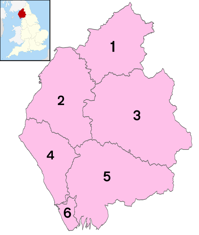 (1) Barrow-in-Furness, (2) South Lakeland, (3) Copeland, (4) Allerdale, (5) Eden (6) Carlisle.