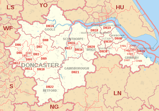 DN postcode area map, showing postcode districts, post towns and neighbouring postcode areas.