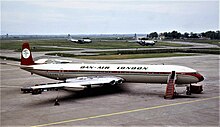 A de Havilland Comet 4C sister airline Dan-Air acquired from Kuwait Airways in 1971, seen here in 1974. Dan-Air London Comet G-AYWX.jpg