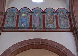 Peintures monumentales de saints (XIXe): St-Pancrace, Ste-Barbe, Ste-Catherine, St-Balise, S-Gilles