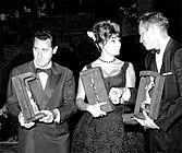 6th David di Donatello Award winners Alberto Sordi, Sophia Loren and Charlton Heston (30 July 1961)