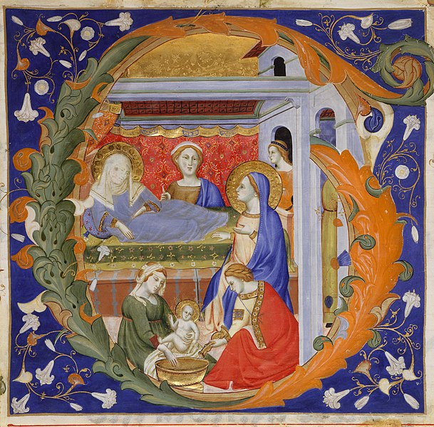 File:Don Silvestro dei Gherarducci - Gradual from Santa Maria degli Angeli - folio 148 - The Birth of the Virgin in an Initial G (Metropolitan Museum of Art, 21.168).jpg