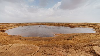 Vista da lagoa de Gaet'ale, um pequeno lago hipersalino com águas termais situado próximo à cratera Dallol na depressão de Danakil, região de Afar, Etiópia (definição 6 683 × 3 759)