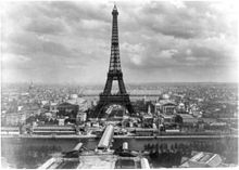 Black-and-white monochrome: the Eiffel Tower during the 1889 Exposition Universelle Eiffel tower at Exposition Universelle, Paris, 1889.jpg