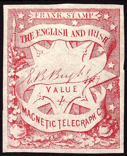 An 1857 stamp of the English & Irish Magnetic Telegraph Co. (not from the Langmead Collection). English & Irish Magnetic Telegraph Co stamp.jpg